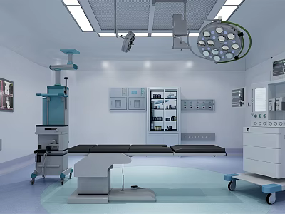 Modern Operating Room Interior With Surgical Lights Operating Table And Medical Equipment 3d model