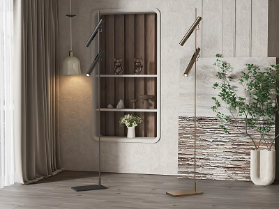 Modern Living Room Interior With Floor Lamp Wooden Shelf Green Plant And Textured Wall 3d model