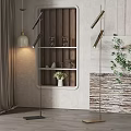 Modern Living Room Interior With Floor Lamp Wooden Shelf Green Plant And Textured Wall
