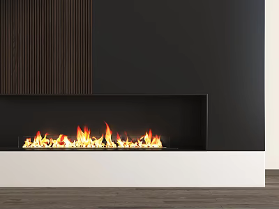 Modern Fireplace Interior Design With Burning Flames Black Frame White Base And Wooden Panel 3d model