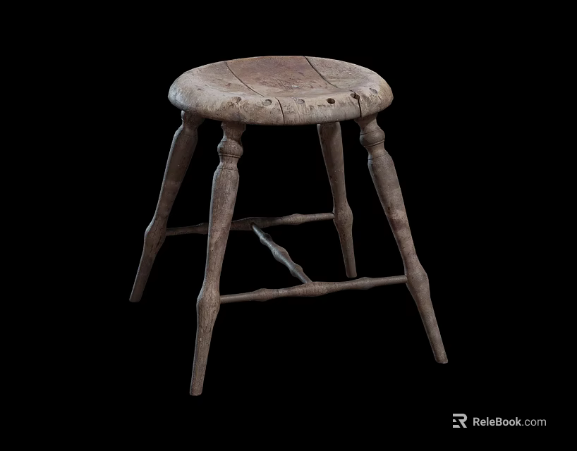 Rustic Wooden Stool With Round Seat And Four Carved Legs Design 3d model 