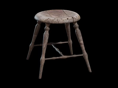 Rustic Wooden Stool With Round Seat And Four Carved Legs Design 3d model