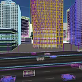 Tall Modern Skyscraper With Illuminated Geometric Glass Facade In Urban Cityscape