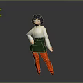 Woman with black short hair wearing white top green skirt red tights and black shoes