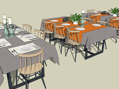 Dining Table Set Featuring Gray Orange Tablecloths Wooden Chairs Tableware And Potted Plants 3d model