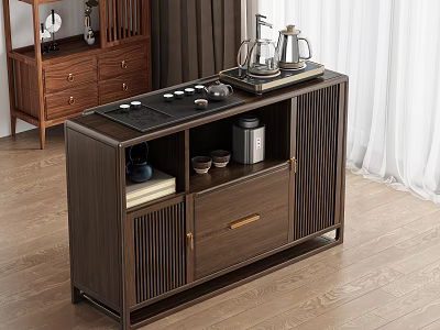 New Chinese Style Walnut Wood Sideboard Cabinet With Grille Doors Drawers And Tea Set 3d model