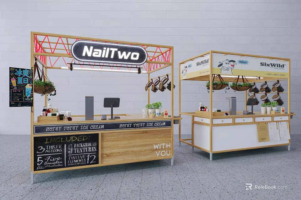 Modern Commercial Retail Booth Equipment With Signage Menu Board And Display Screens 3d model 