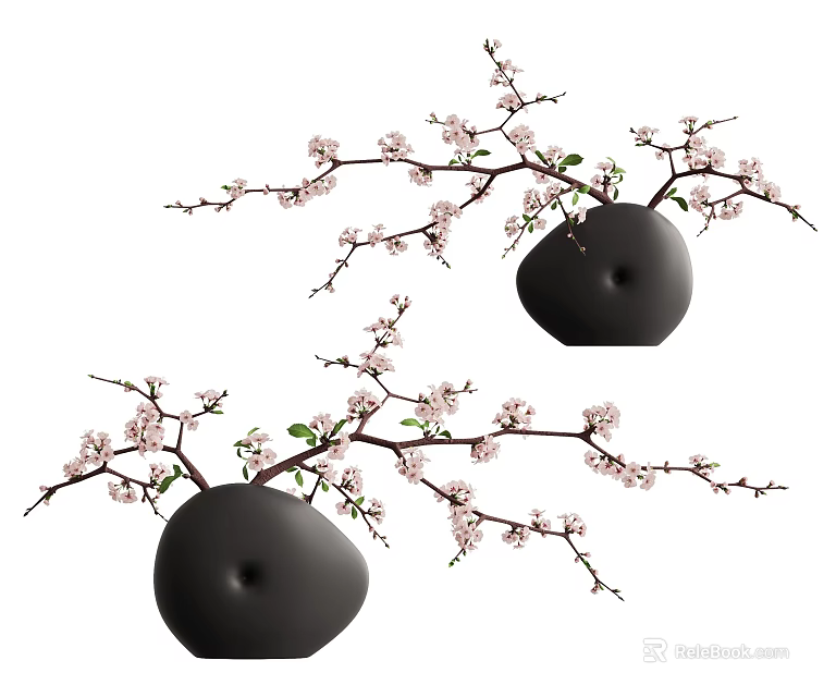 Decorative Black Ceramic Vase With Pink Blossoms Green Leaves And Slender Branches 3d model 
