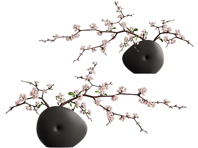 Decorative Black Ceramic Vase With Pink Blossoms Green Leaves And Slender Branches 3d model