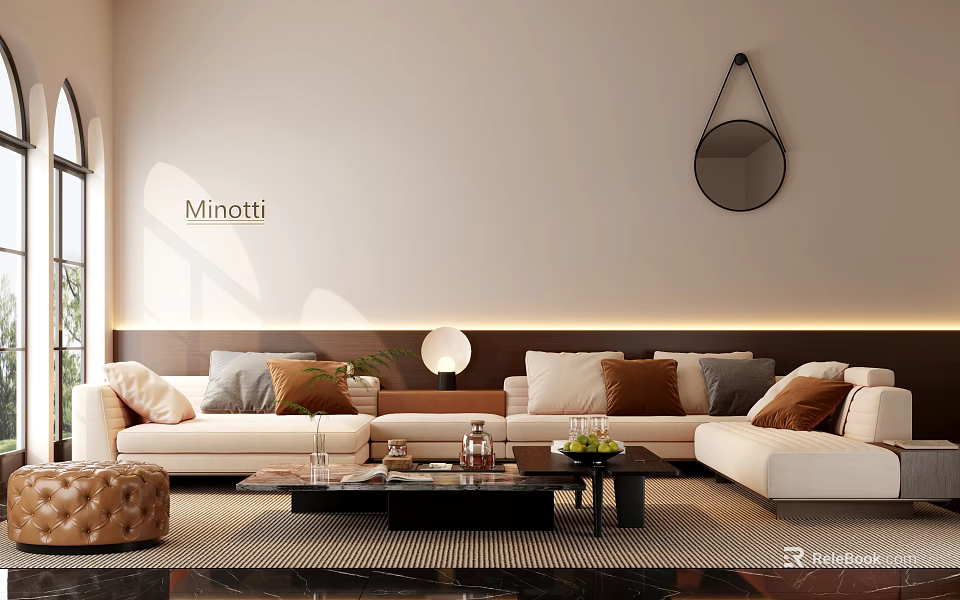 Modern Sofa and Coffee Table Set with Light Colored Upholstery Decorative Items and Round Mirror 3d model 