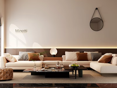 Modern Sofa and Coffee Table Set with Light Colored Upholstery Decorative Items and Round Mirror 3d model