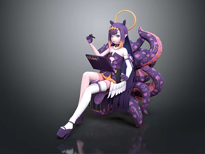 3D Model Game and Movie Character with Purple Hair Halo Tentacles White Wings and Tablet 3d model