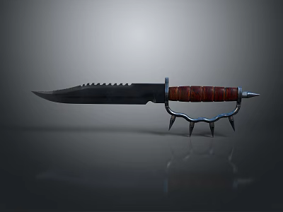 Tactical Combat Knife with Serrated Sharp Blade Red Wrapped Handle and Spikes at Handle End 3d model