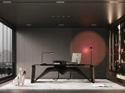 Modern Study Room Interior With Dark Walls Large Window Desk And Dog 3d model