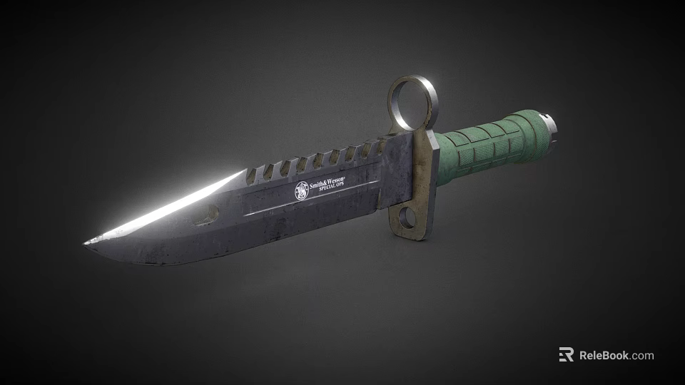 Tactical Combat Knife With Serrated Blade Green Textured Handle Lanyard Ring And Silver Reflective Edge 3d model 