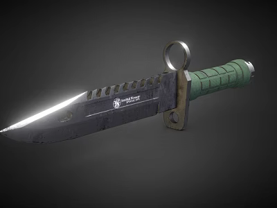 Tactical Combat Knife With Serrated Blade Green Textured Handle Lanyard Ring And Silver Reflective Edge 3d model