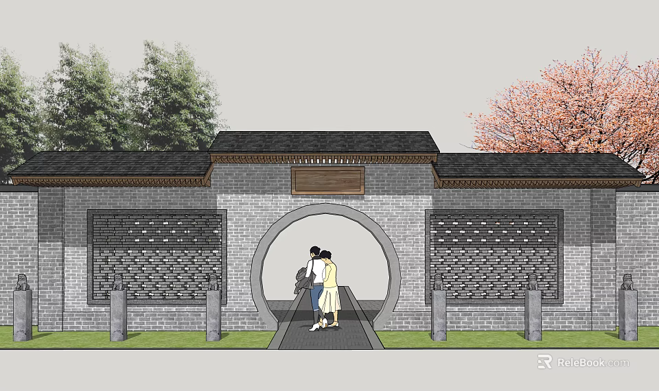 Traditional Chinese Style Gate With Arched Doorway Gray Brick Wall And Cherry Blossom Tree 3d model 