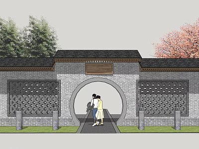 Traditional Chinese Style Gate With Arched Doorway Gray Brick Wall And Cherry Blossom Tree 3d model