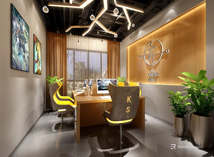 Modern Internet Cafe Interior With Stylish Lighting Ergonomic Chairs Green Plants And Computers 3d model 