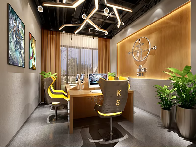 Modern Internet Cafe Interior With Stylish Lighting Ergonomic Chairs Green Plants And Computers 3d model