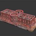 Red Brick Building Model with Circular Structure Windows Arches Steps and Grass