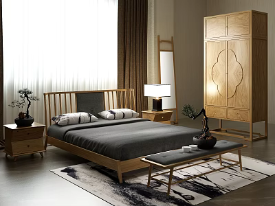 Minimalist Bedroom With Wooden Frame Double Bed Nightstand Table Lamp And Wardrobe 3d model