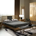 Minimalist Bedroom With Wooden Frame Double Bed Nightstand Table Lamp And Wardrobe