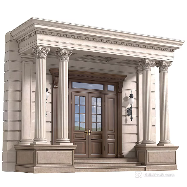 Classical Entrance Door With White Columns Brown Wooden Glass Panels And Wall Lanterns 3d model 