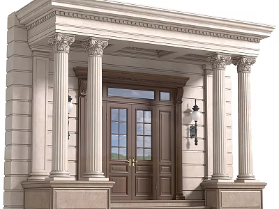 Classical Entrance Door With White Columns Brown Wooden Glass Panels And Wall Lanterns 3d model
