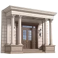 Classical Entrance Door With White Columns Brown Wooden Glass Panels And Wall Lanterns