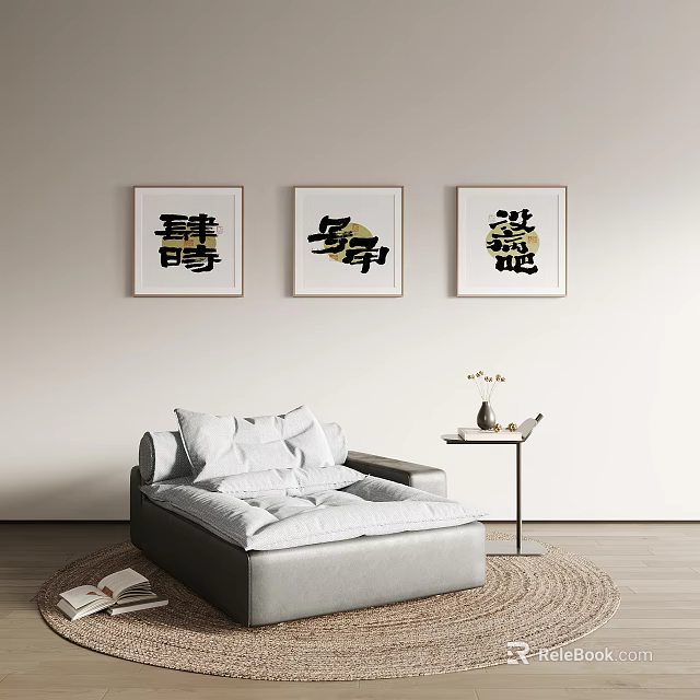 Gray Single Sofa Interior With White Cushions Side Table And Decorative Calligraphy Paintings 3d model 