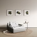 Gray Single Sofa Interior With White Cushions Side Table And Decorative Calligraphy Paintings