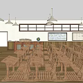 School Classroom Interior With Wooden Desks Chairs Maps Posters And Ceiling Lights