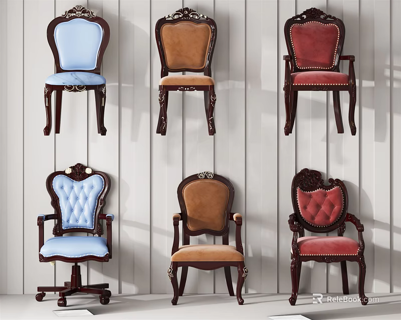 Vintage Design Dining Chairs With Carved Patterns And Upholstered Seats In Different Colors 3d model 