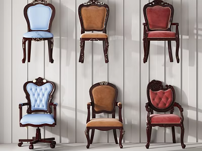 Vintage Design Dining Chairs With Carved Patterns And Upholstered Seats In Different Colors 3d model