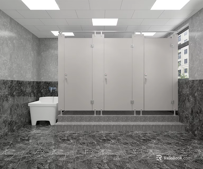 Public Toilet Interior With Multiple Stalls Sink Gray Marble Walls And Tiled Floor 3d model 