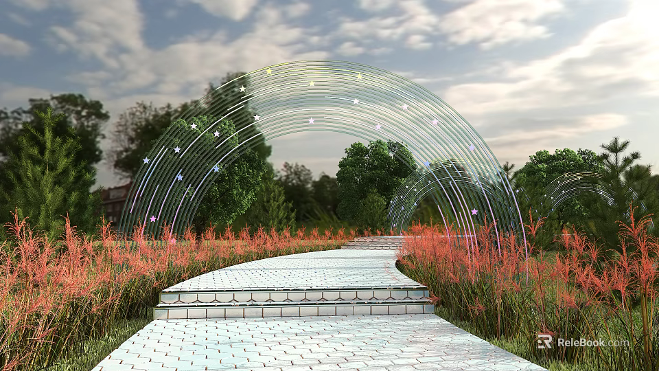 Modern Curved Pergola With Star Lighting And Brick Path In Garden Landscape 3d model 