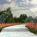Modern Curved Pergola With Star Lighting And Brick Path In Garden Landscape