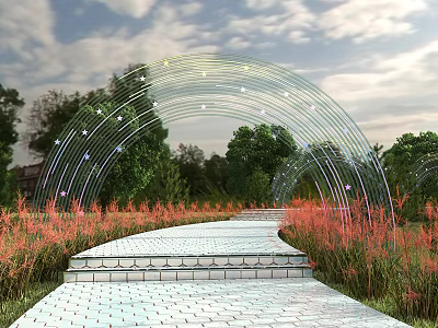 Modern Curved Pergola With Star Lighting And Brick Path In Garden Landscape 3d model