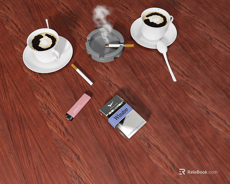 Tobacco and Liquor Store Display With Marlboro Cigarettes Ashtray Smoke Lighter And Coffee Cups 3d model 