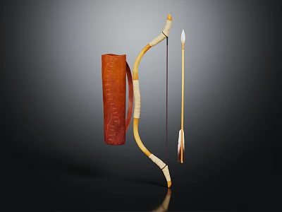 Vintage Traditional Handcrafted Wooden Hunting Bow with Arrows and Brown Leather Quiver 3d model