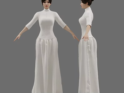 A Woman In White High Neck Long Dress With Three Quarter Sleeves And Pleated Skirt 3d model