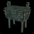 Ancient Chinese Bronze Ding Vessel With Square Shape And Ornate Carvings