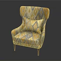 Modern Accent Chair With Geometric Pattern Pillow In Orange Yellow Gray And Wooden Legs