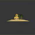 Tropical Island Scene With Sandy Beach Palm Trees Blue Water And Yellow Building