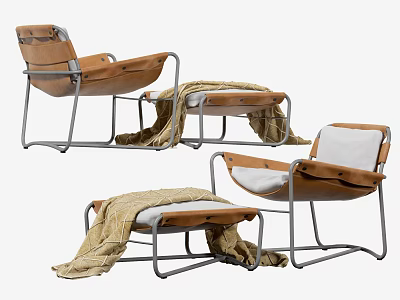 Comfortable Brown Leather Lounge Chair with Metal Frame and Cozy Throw Blanket 3d model