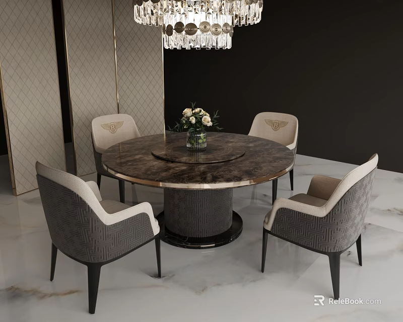 Elegant Round Dining Table Set With Marble Tabletop Dining Chairs and Flower Vase Chandelier 3d model