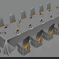 Elegant Dining Table Setup With White Tablecloth Yellow Bow Chairs And Candle Holders 3d model