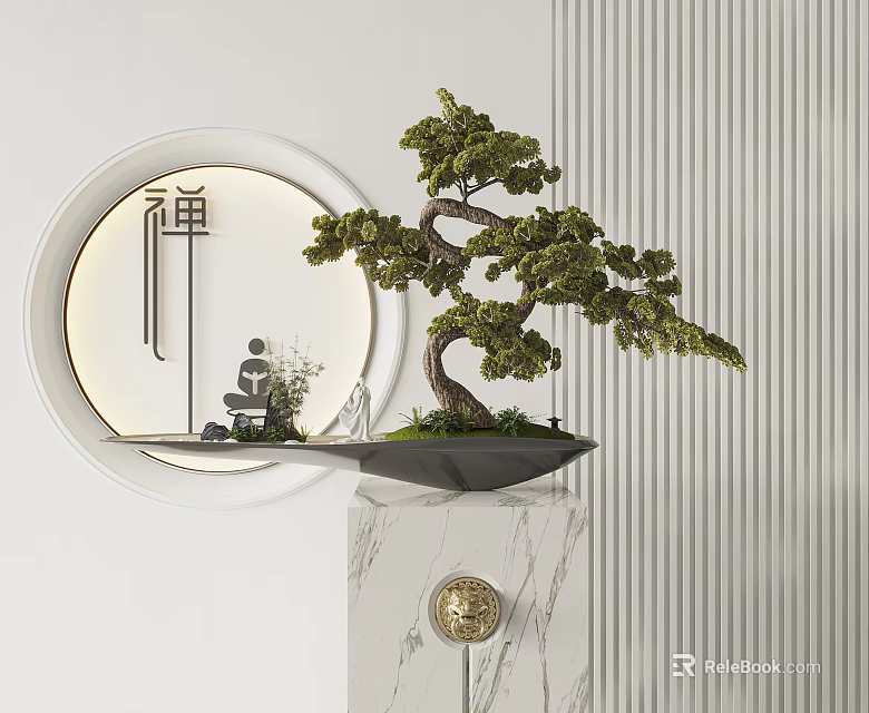 Zen Bonsai Tree Display with Circular Mirror on Marble Stand and Golden Sphere 3d model