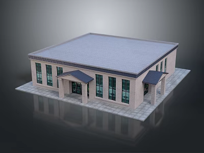 Modern School Building Featuring Gray Roof Large Glass Windows and Paved Entrance Porch 3d model